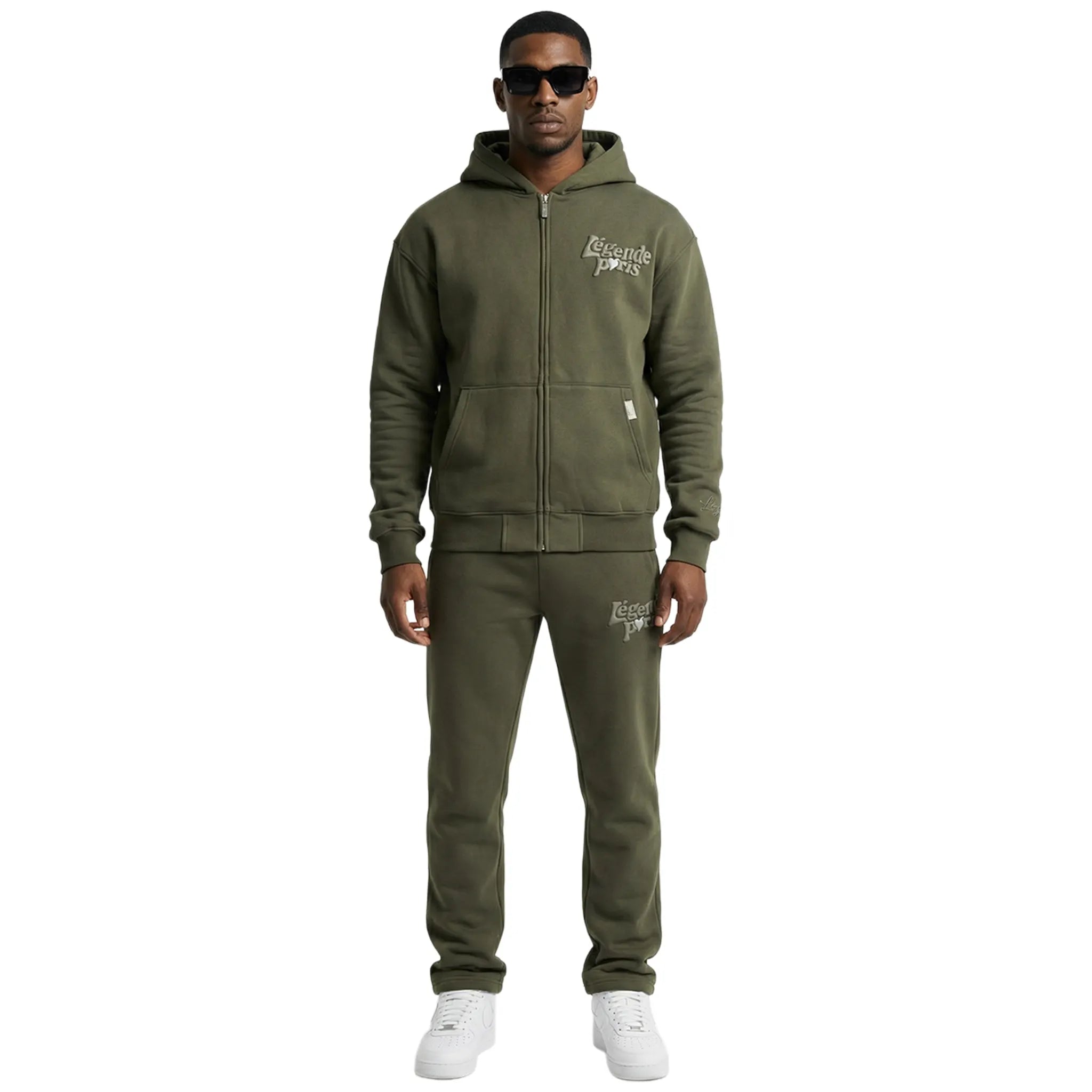 Front View of Légende Paris Lnd Tonal Khaki Zip-Up Hoodie LPHOD027